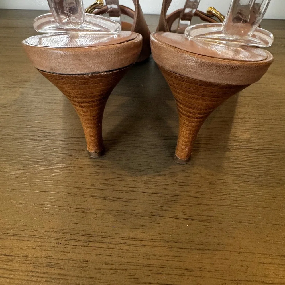 Cole Haan Women 10 B Beige Leather Slingback Peep Toe Kitten Heel Comfort Career
